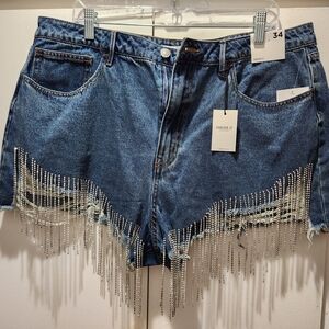 Distressed Denim Shorts with Fringe and Beads